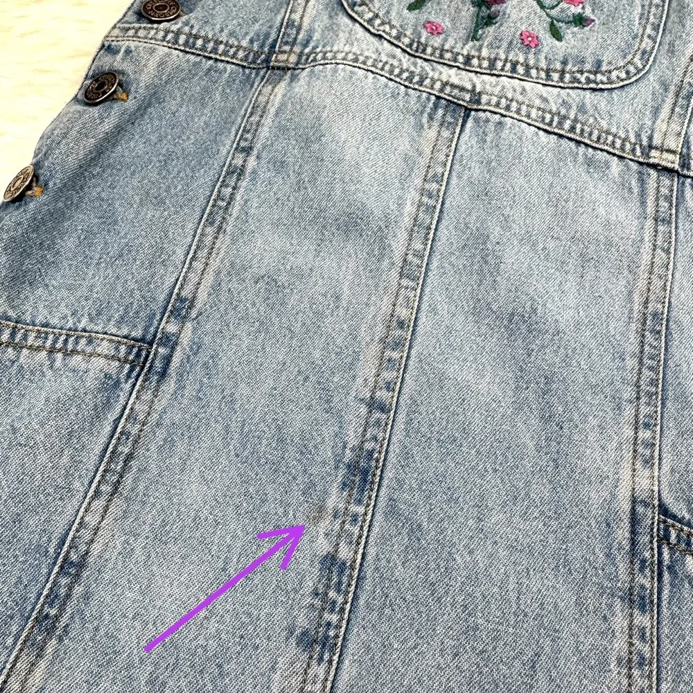 Vtg 90s Cherokee Denim Overall Dress Girls Size 6 Embroidered Floral Cottagecore